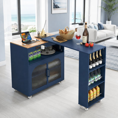 Navy Blue Rolling Kitchen Island Cart with Extendable Table, Power Outlet and Storage Cabinet