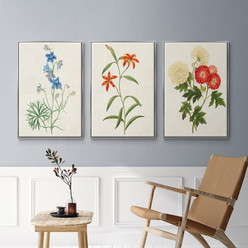 Flowers of the Seasons I - Ensemble de 3 cadres flottants sur toile, Argent, H 27 po x l 54 po