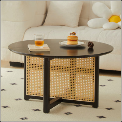 Table basse en bois de style Mid-Century avec support en canne PE, table basse ronde de style bohémien en bois massif de 31,5 pouces, table basse centrale unique pour les salons, les appartements et les bureaux