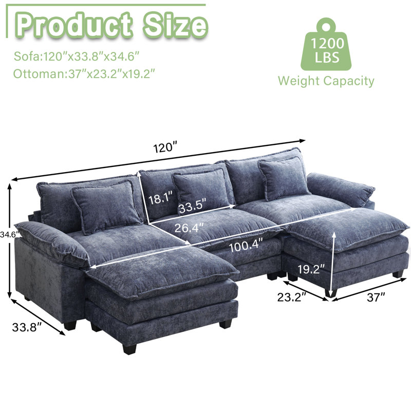 Praylow 120" W Modular U-Shaped Sectional Sofa with Two Ottomans , Blue Chenille