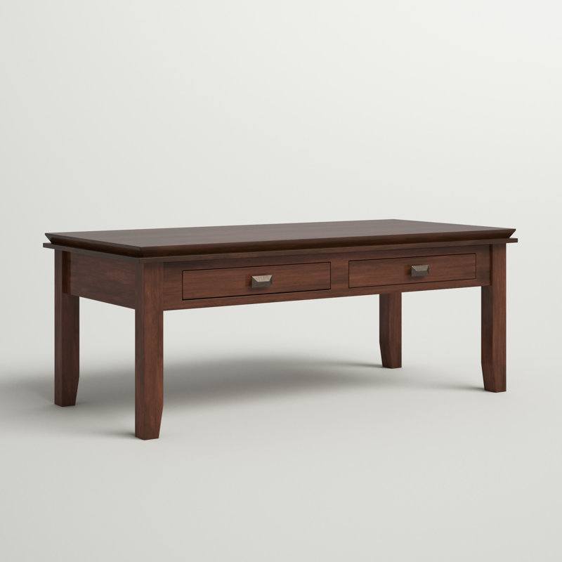 Artisan 46"W Solid Wood Transitional Coffee Table with 2 Drawers, Open Shelf and Square Brushed Nickel Knobs, Russet Brown