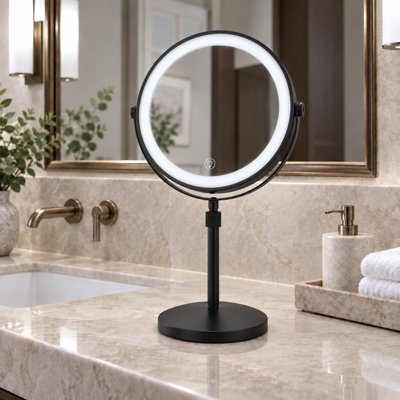 Miroir de maquillage rond en métal de 23 cm (9 pouces) avec double face DEL, grossissement 1X/10X, hauteur réglable, 3 modes de couleur et batterie rechargeable USB-C