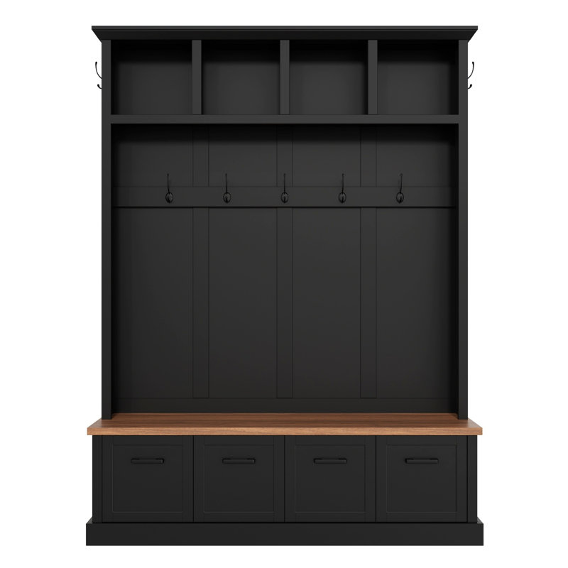 Porte-manteau d'entrée 3 en 1 de style champêtre avec banc à plateau en bois, organisateur de vestiaire moderne avec 4 armoires à chaussures fermées