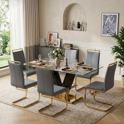 Contemporary Tempered Glass Dining Set with High-Back Cantilever Chairs