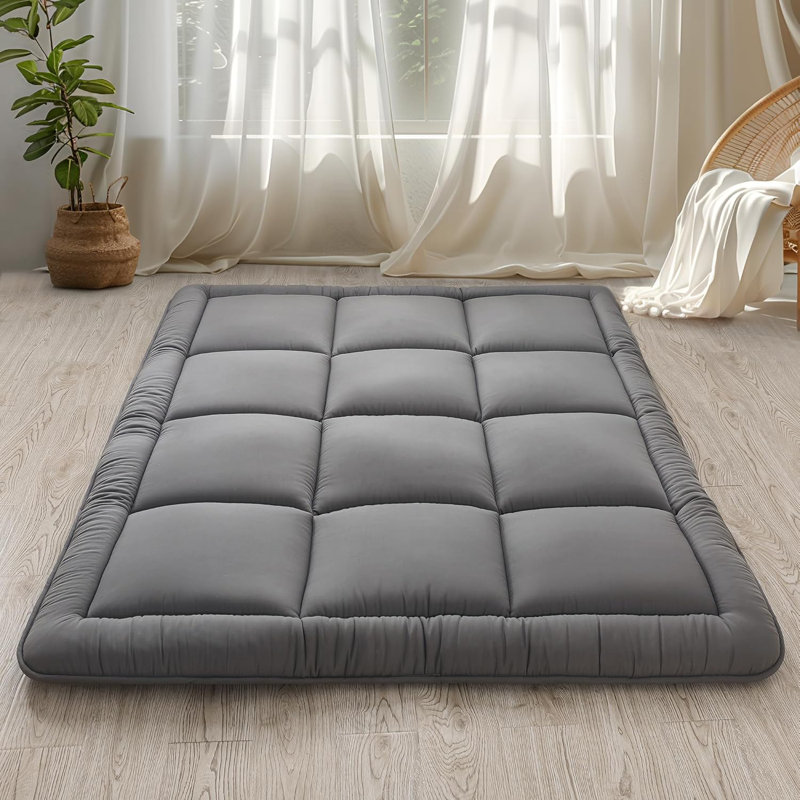 Japanese Floor Mattress Futon Mattress 3" Grey Tatami Mat Shredded Memory Foam Filled Sleeping Pad, Foldable & Portable Roll Up Lounger Camping Bed For Kids And Adult