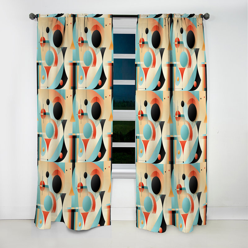 Rideau occultant en velours Mid-Century géométrique bleu et beige III - 1 panneau, L 52 po x L 84 po