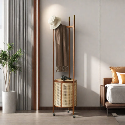 Ash Wood Rattan Coat Rack Removable Basket