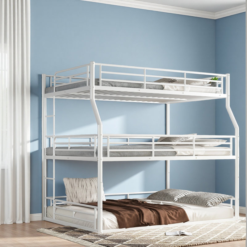 Full XL Over Queen Over Queen Bunk Bed, Metal Triple Bunk Bed With Safety Guardrails, Heavy-Duty Bunk Bed With Noise-Reduced Design