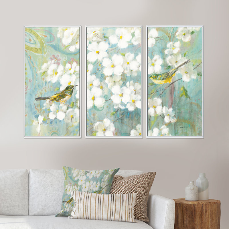 Oiseaux sur fleur - ensemble d'art mural sur toile traditionnel encadré de 3, H 28 po x l 36 po x P 1 po, Blanc