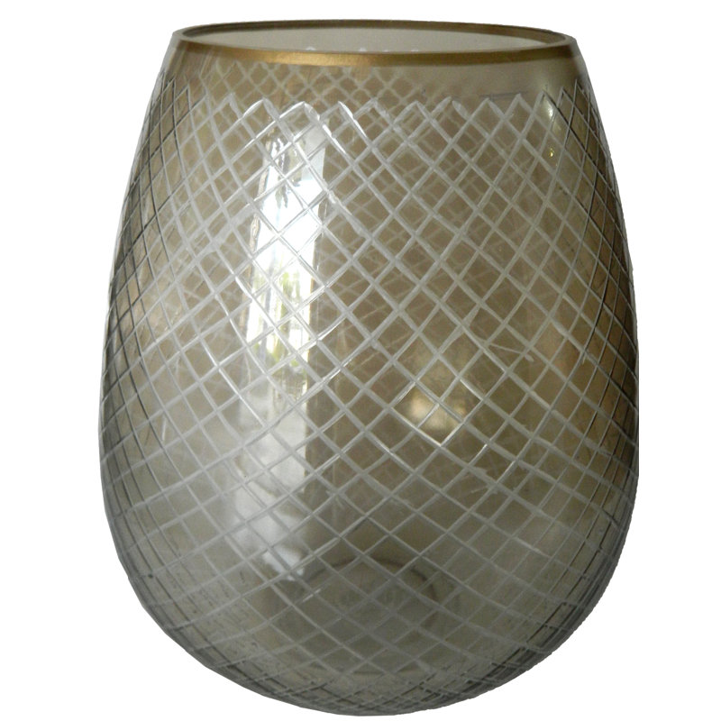 Porte-bougie en verre sans pied D10,5 x 12 po avec motif en croix et bordure dorée, H 12 po x l 10,5 po x P 10,25 po