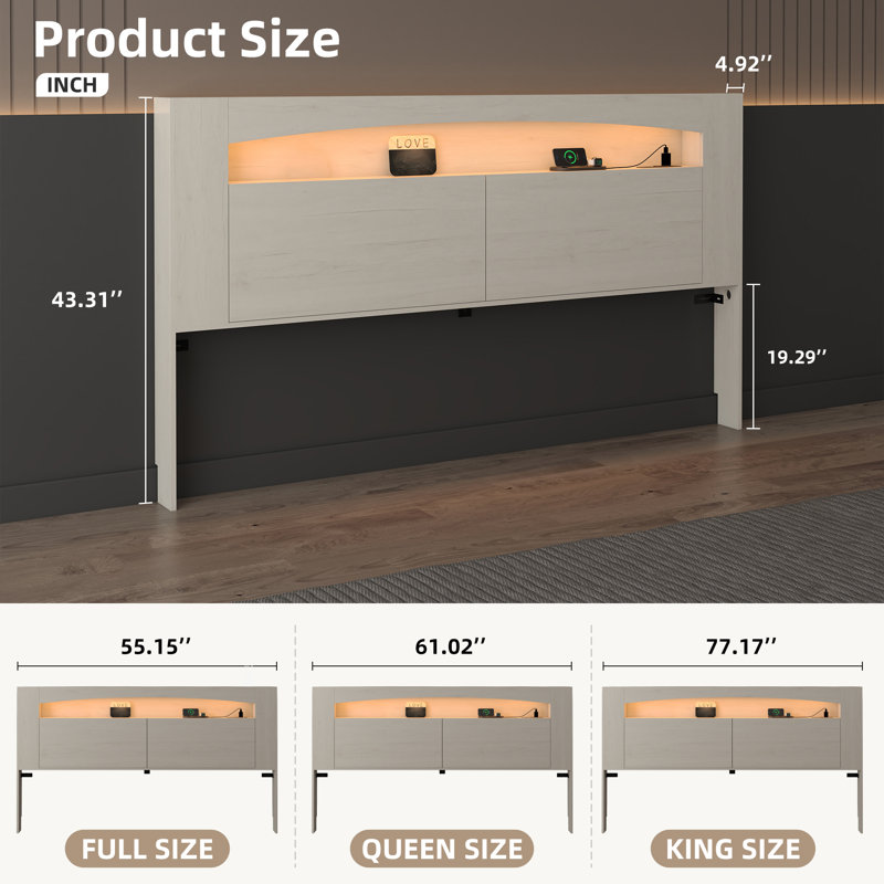 Queen Size Headboard Only With Rgb Lights & Charging Station, Wooden Storage Headboard With Open Shelves & Hidden Drawers, Easy Control For Bedroom Ambiance (White)