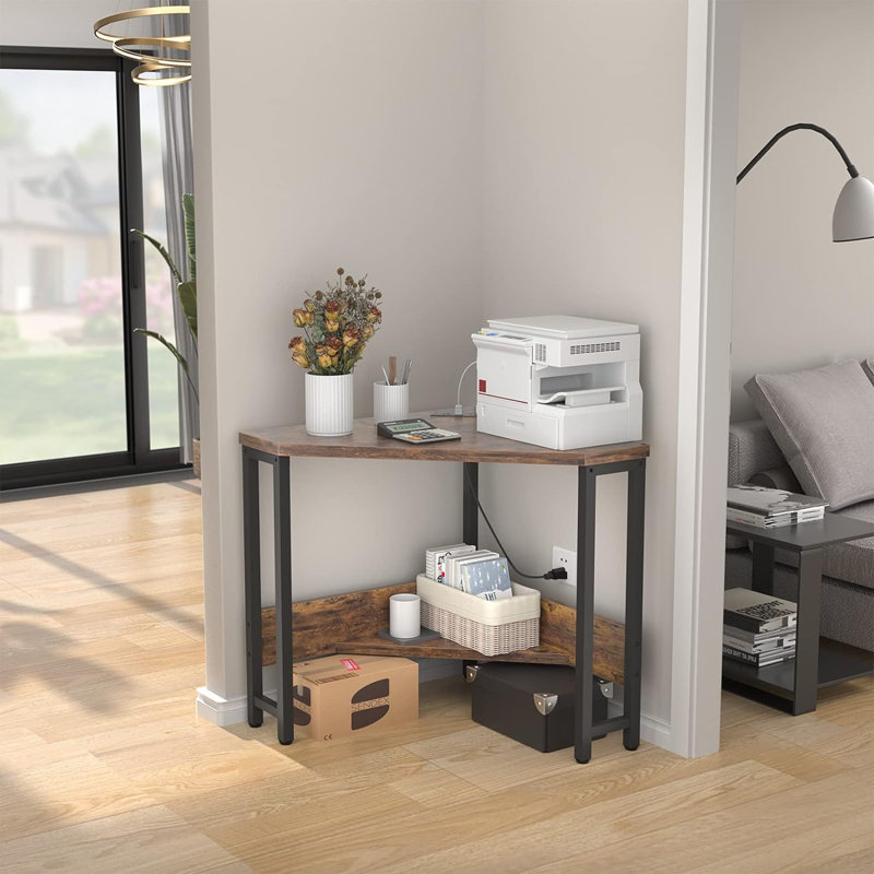 Danielys Corner Metal Base Writing Desk with Power Outlet, Rustic Brown