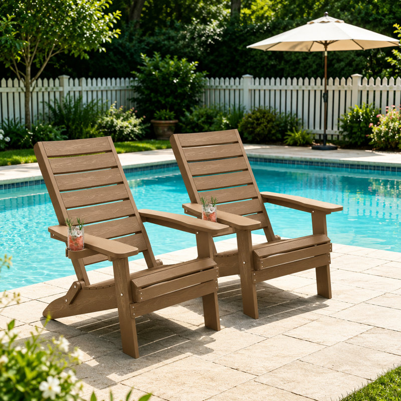 Outdoor Folding Adirondack Chair All Weather HIPS Oversized Fire Pit Chair with Cup Holder Plastic Adirondack Chair for Patio, Garden, Lawn, Pool, Teak