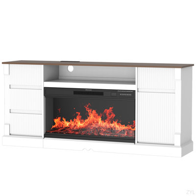Meuble télé moderne en verre à 3 côtés avec foyer électrique pour téléviseur de 80 po ou moins, centre de divertissement avec lumières DEL, armoire de rangement et tiroirs pour le salon
