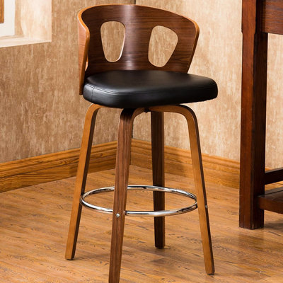 Mid - Century Elegant 26 Inch Seat Swivel , Black Faux Leather, Walnut Back, Footrest, Suitable For Kitchen Islands
