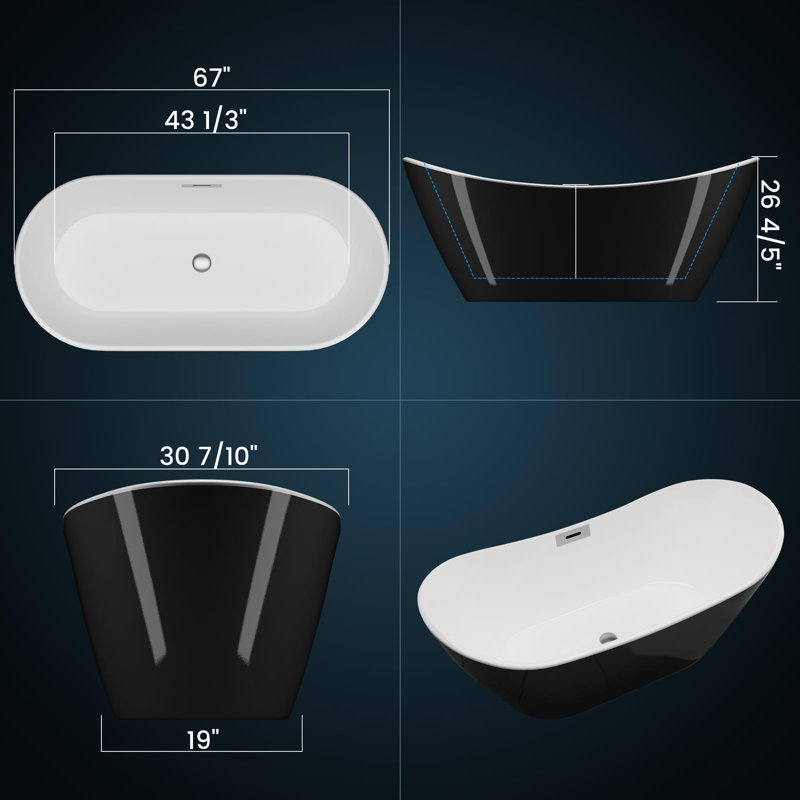 Freestanding Acrylic Soaking Tub with Pop-Up Drain & Overflow - Stand Alone Tub for Bathroom