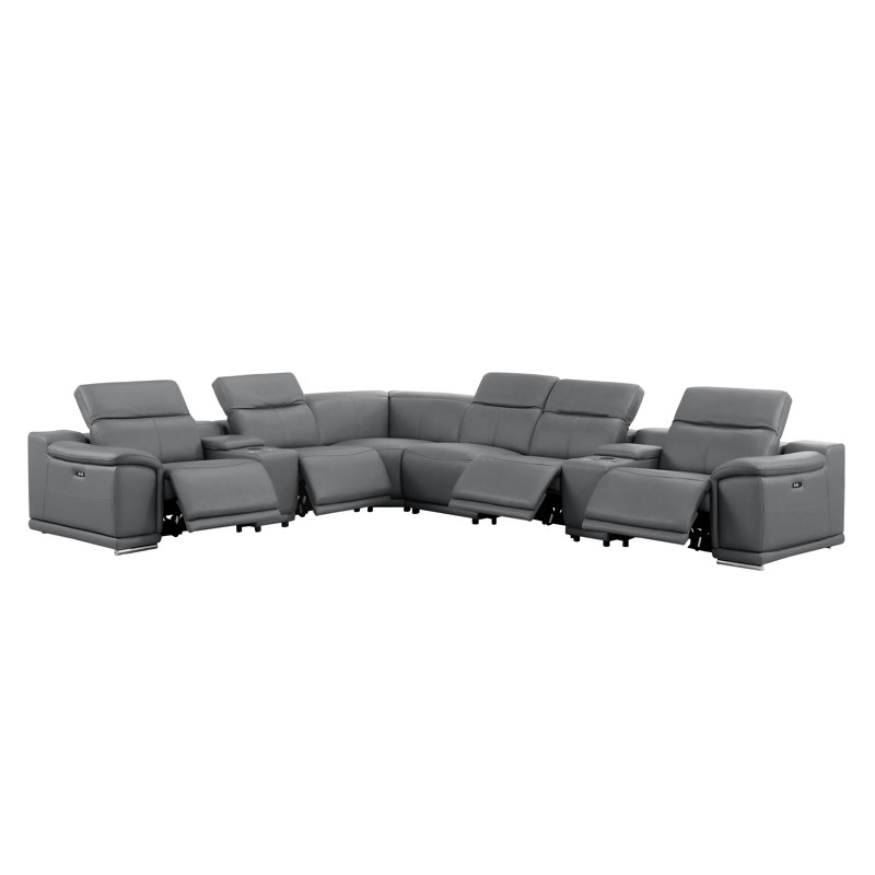 8-Piece L-Shaped Power Reclining Sectional In Genuine Leather – 4 Recliners, Dark Gray Top Grain Leather