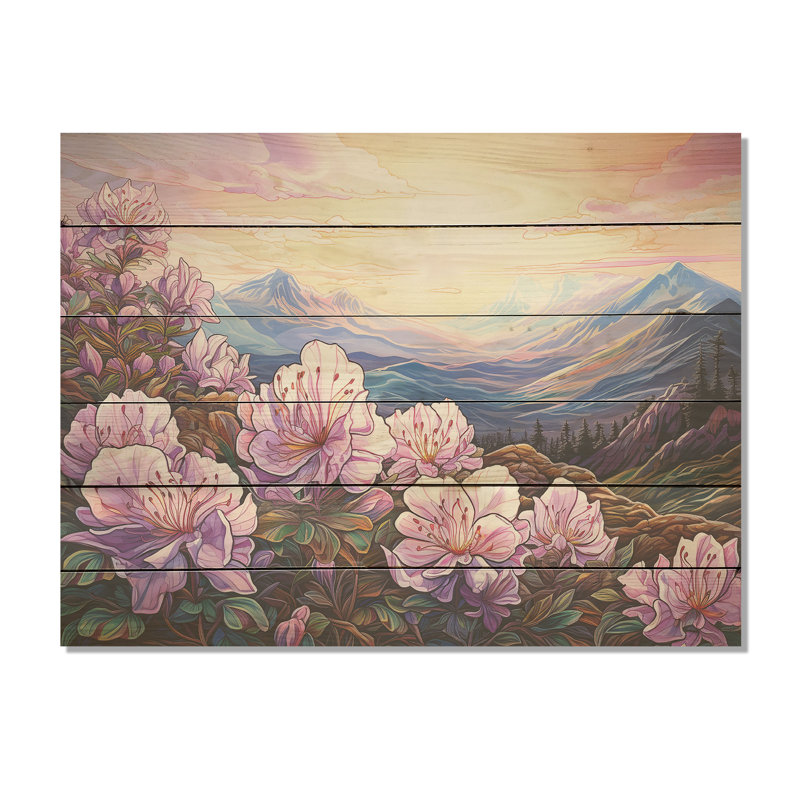 Champ de rhododendrons roses en montagne - Art mural en bois de rhododendrons sur bois de pin naturel, H 30 po x l 40 po