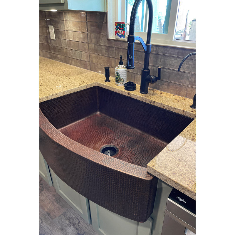33" Hammered Copper Kitchen Rounded Apron Single Basin Sink with Matching Drain and Accessories