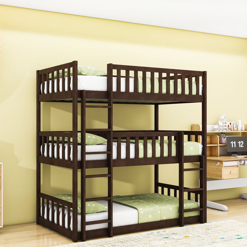 Triple lit simple superposé en bois avec garde-corps et deux échelles intégrées