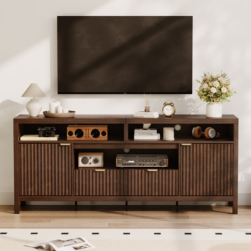Meuble télé cannelé pour téléviseurs de 65/75 po, console de télévision Mid-Century moderne avec tiroirs et armoires, centre multimédia brun