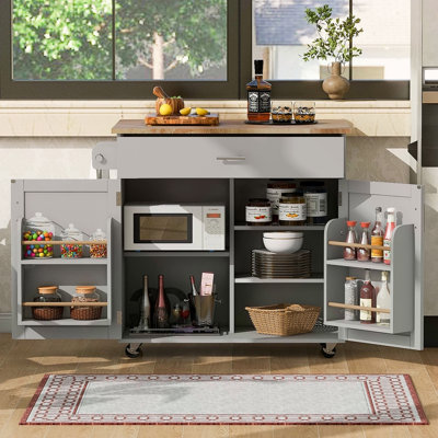 Îlot de cuisine roulant avec rangement, chariot de cuisine avec plateau en bois d'hévéa, tiroir spacieux avec cloison et support de rangement interne, îlot de cuisine sur roulettes avec support de tour réglable