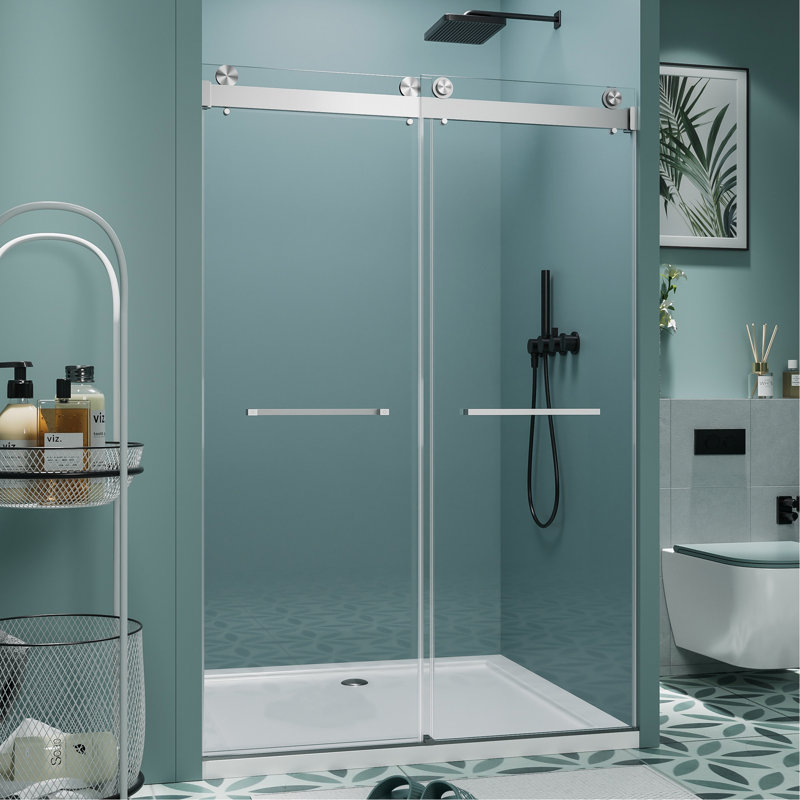 56"-60" W X 76" H Frameless Double Sliding Shower Door, Soft-Close Brushed Nickel Shower Screen, 5/16" (8Mm) Clear Tempered Glass With Explosion-Proof Film, Dual Stainless Steel Door Handles