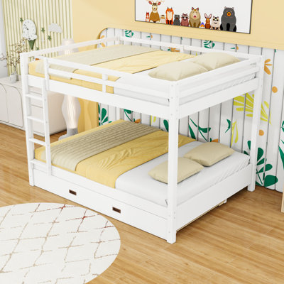 Queen Wooden Bunk Bed With Guardrails And Trundle by Harper Orchard
