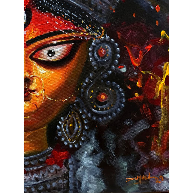 «Goddess Durga», peinture acrylique sur toile - Art mural spirituel vibrant de 16 po x 20 po par Jugal Sarkar