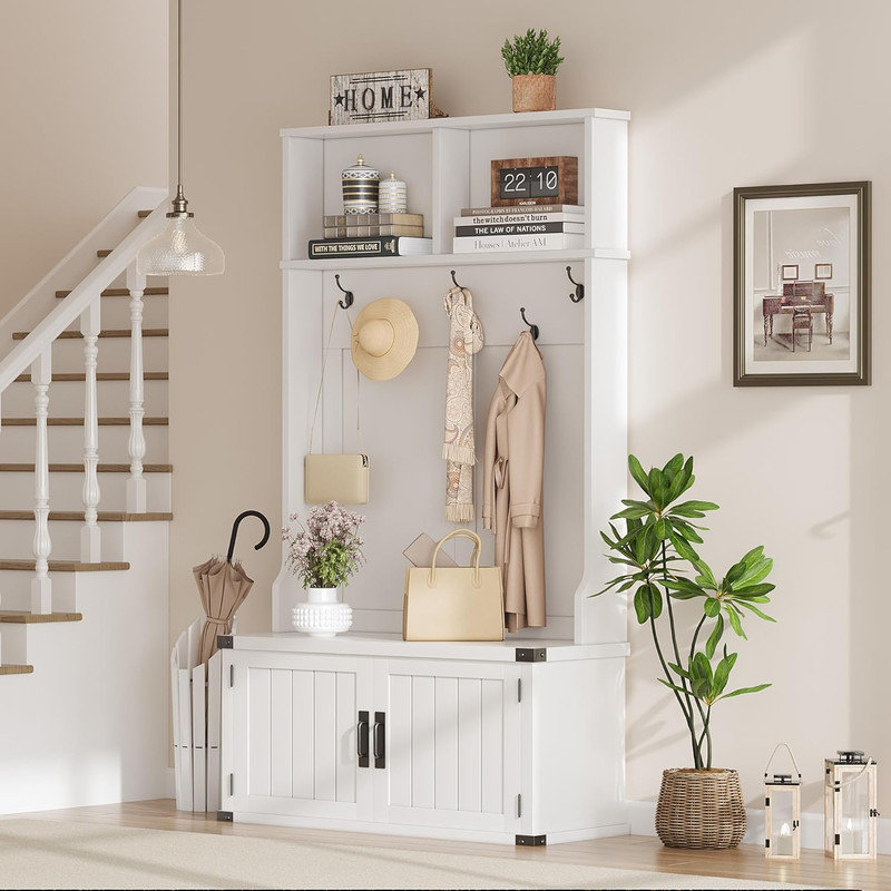 3‑In‑1 Entryway Hall Tree with Bench & Shoe Storage, Multifunctional Coat Rack Organizer for Mudroom, White