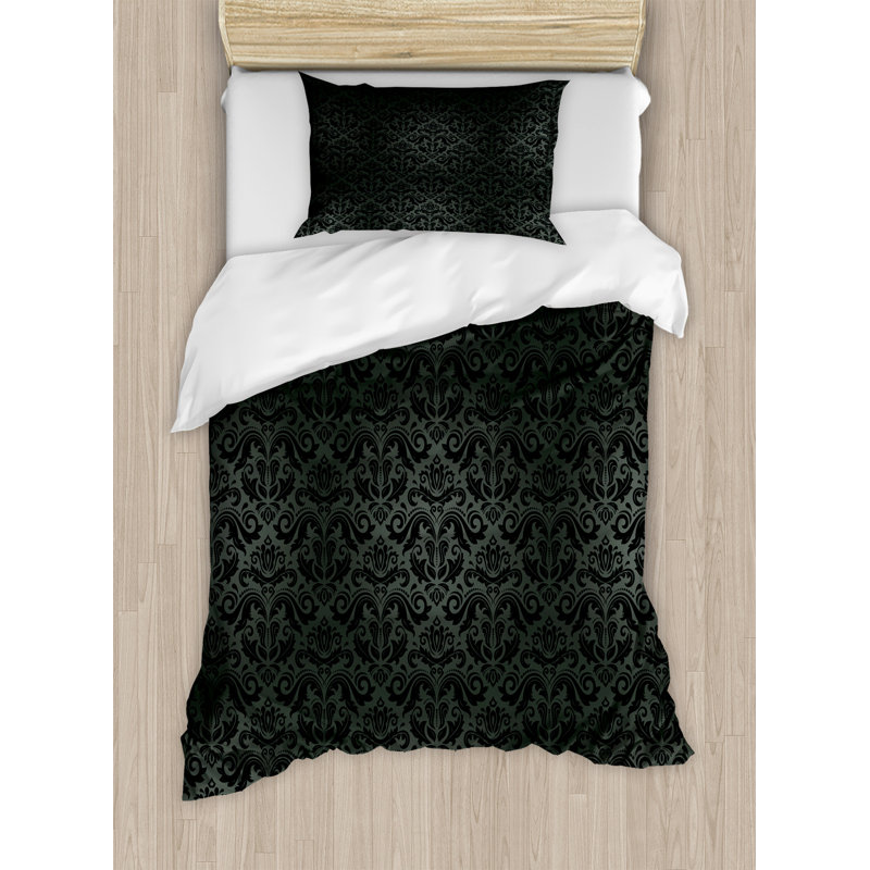 Twin Black Damask Microfiber Duvet Cover Set