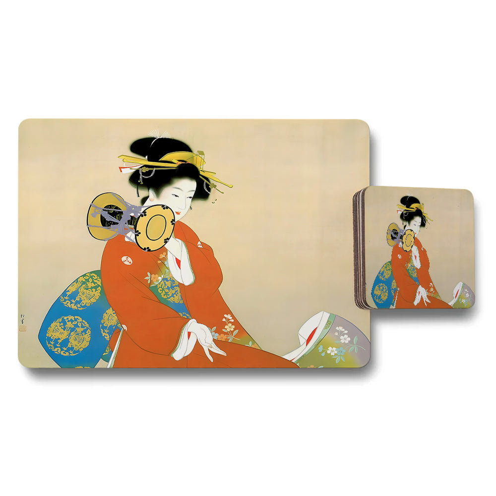 Geisha Artwork Placemats And Coasters Set Ukiyoe Style