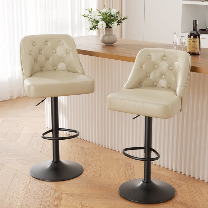 360-Degree Rotatable Faux Leather Bar Stool With Button Stitching, Beige