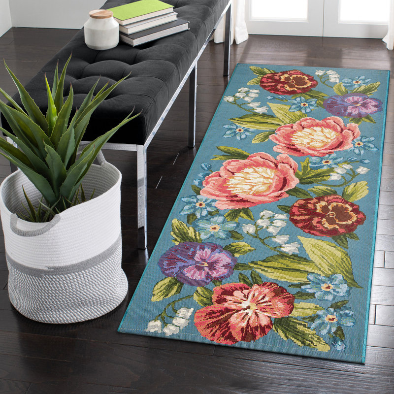Andreane Floral Synthetic Non-Skid Kitchen Mat, Runner 1'11" x 4'11", Aqua/Blue