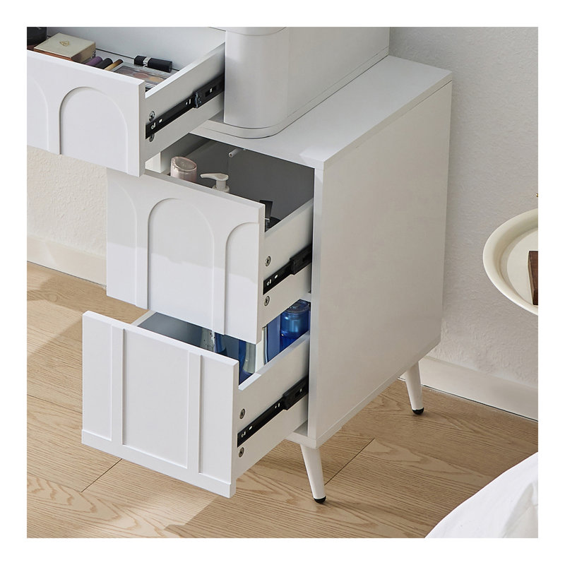 Meuble-lavabo moderne avec lumières DEL et miroir, ensemble de coiffeuse 4 tiroirs avec tabouret, luminosité à intensité variable de 3 couleurs, peu encombrant pour la chambre à coucher