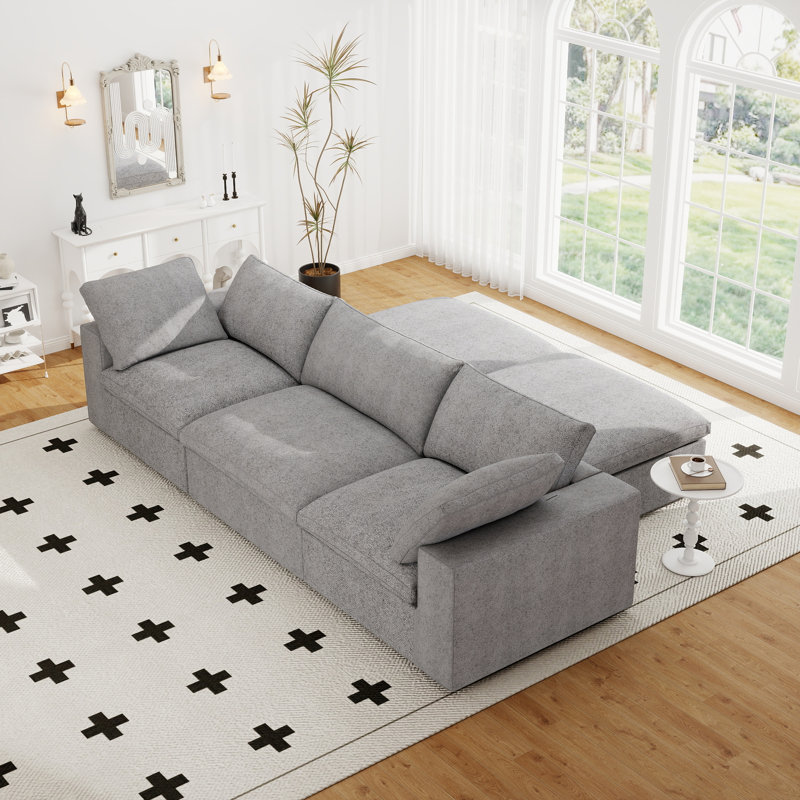Kenda 5-Piece Upholstered Modern Linen Slipcovered Sectional With Storage Ottoman, Gray Linen
