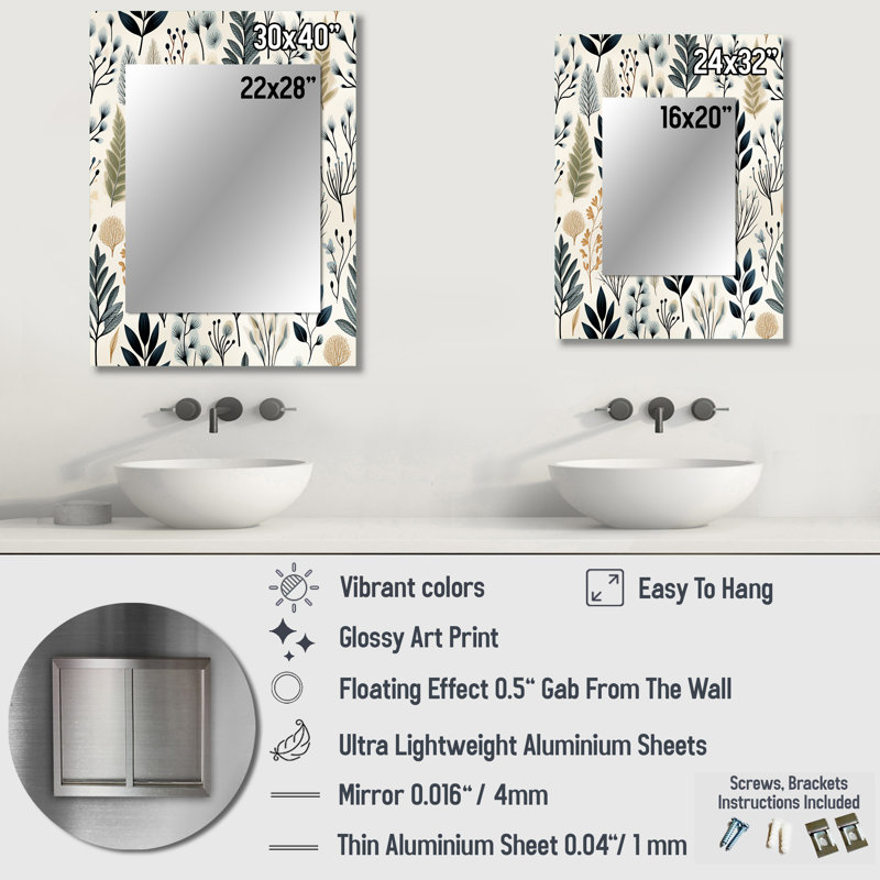 Ambrette Monochrome Botany - Plants Decorative Mirror, Boho Wall Mirror, Printed Metal Art, 40" x 30"