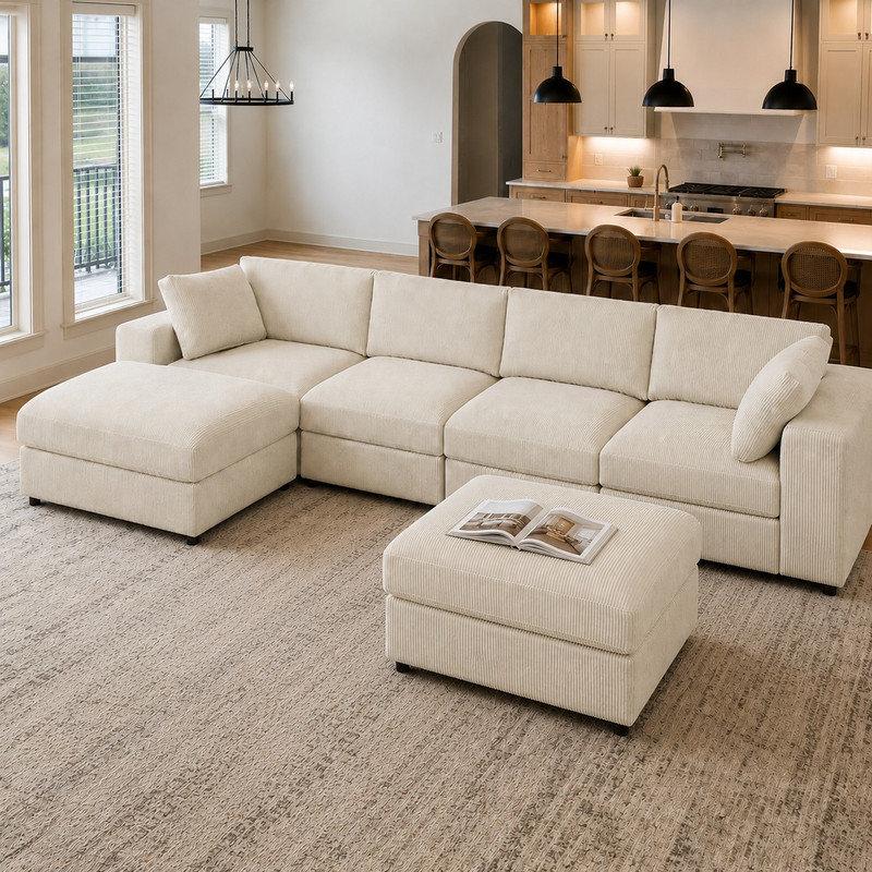 Canapé modulaire rembourré 132 po Corduroy, Beige