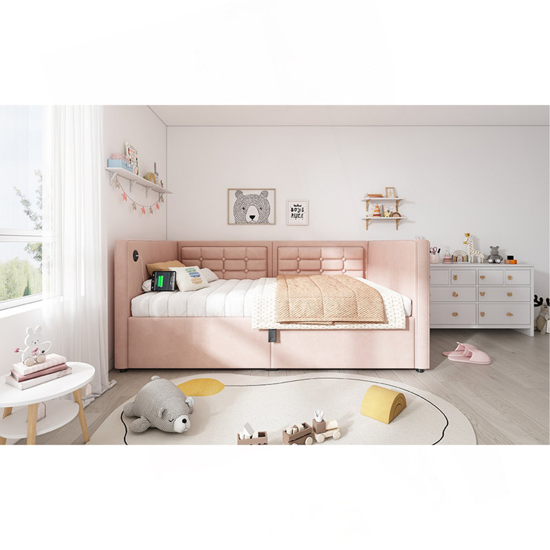 Upholstered Twin Size Daybed, Hydraulic Storage Twin Bed Frame With USB & Type-C Charging, Bed Frame With Wooden Slats And Tufted Sofa Back, Velvet (Without Mattress)