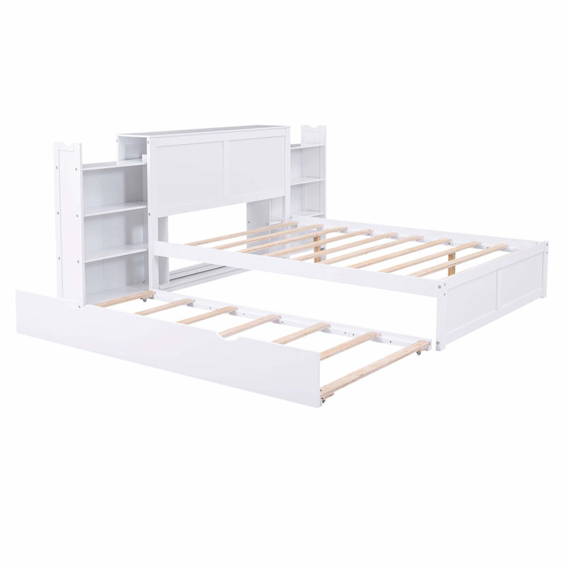 Lit plateforme pleine grandeur avec rangement et tablettes gigognes, blanc, Lit double