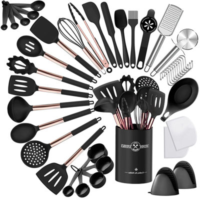 Ensemble d'ustensiles de cuisine en silicone, ensemble d'ustensiles de cuisine en acier inoxydable, résistant à la chaleur antiadhésif, noir