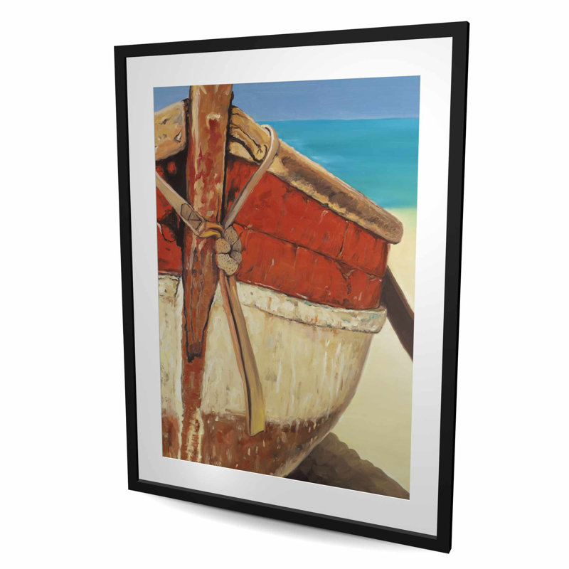 «Tied Up Rowing Boat - Marine Beach», reproduction encadrée