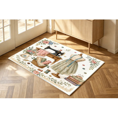 Tapis de style vintage aquarelle avec machine à coudre, motif floral, lavable et antidérapant, décoration intérieure artistique pour salon, chambre, atelier, bureau, appartement