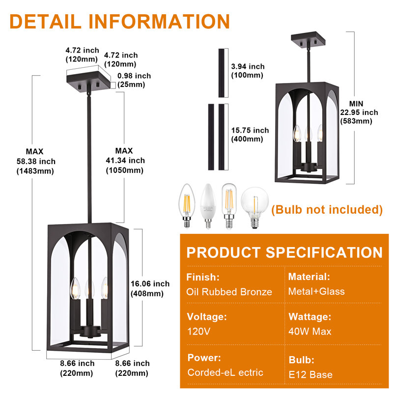 Large Outdoor Pendant Light Fixtures 3-Light, Exterior Hanging Lantern Porch Light Adjustable, Oil Rubbed Bronze Hanging Lamp Farmhouse Exterior Chandelier Ceiling Mount For Entrance Patio