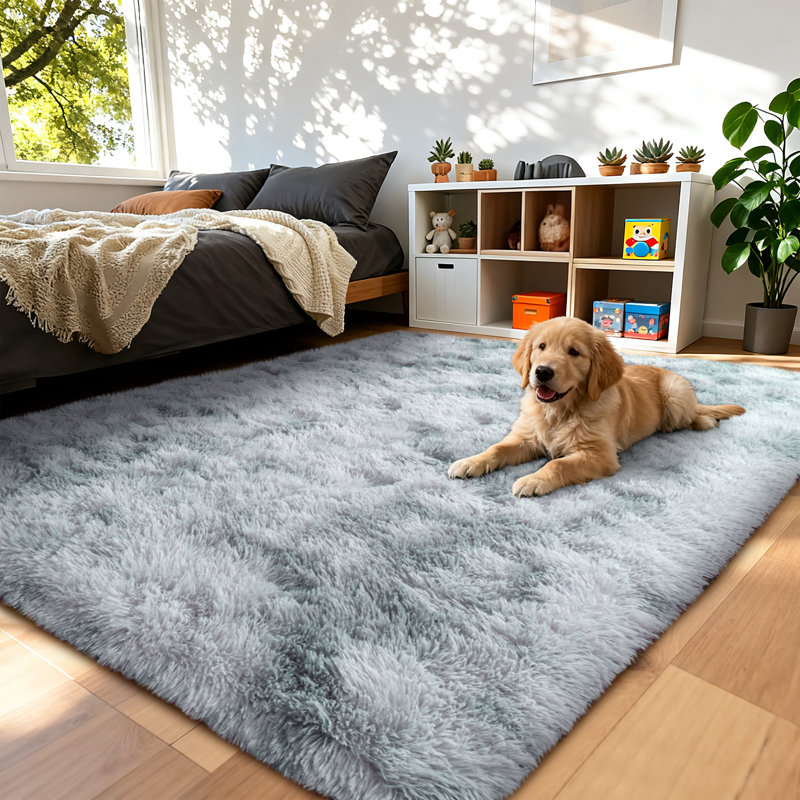 5x7 ft Tie-dyed Sliver Grey Shag Rug, Ideal for living room decor, Ultra-Soft Puffy Fluffy Rug for Bedroom Flooring, Aesthetic Carpets Suitable for Kids' Rooms, Dorms, and Home Decor