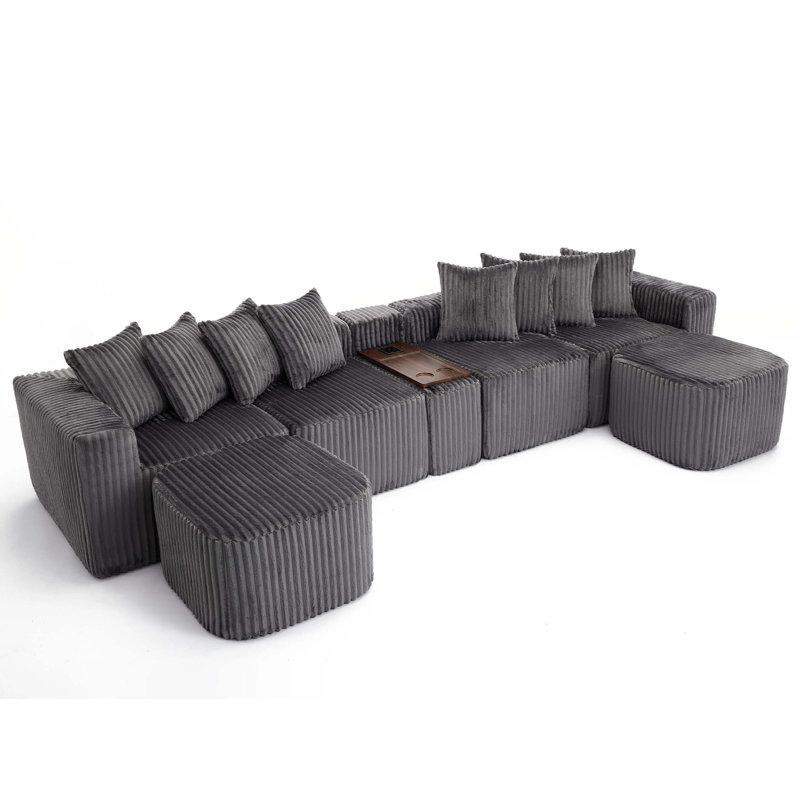 137.5" U Shaped Sofa , USB & Wireless Charge, Coffee Table Board With A Cup Holder, Oversize Movable Modular Sofa,Movable Footstool,No Assembly,6 Seats,Corduroy