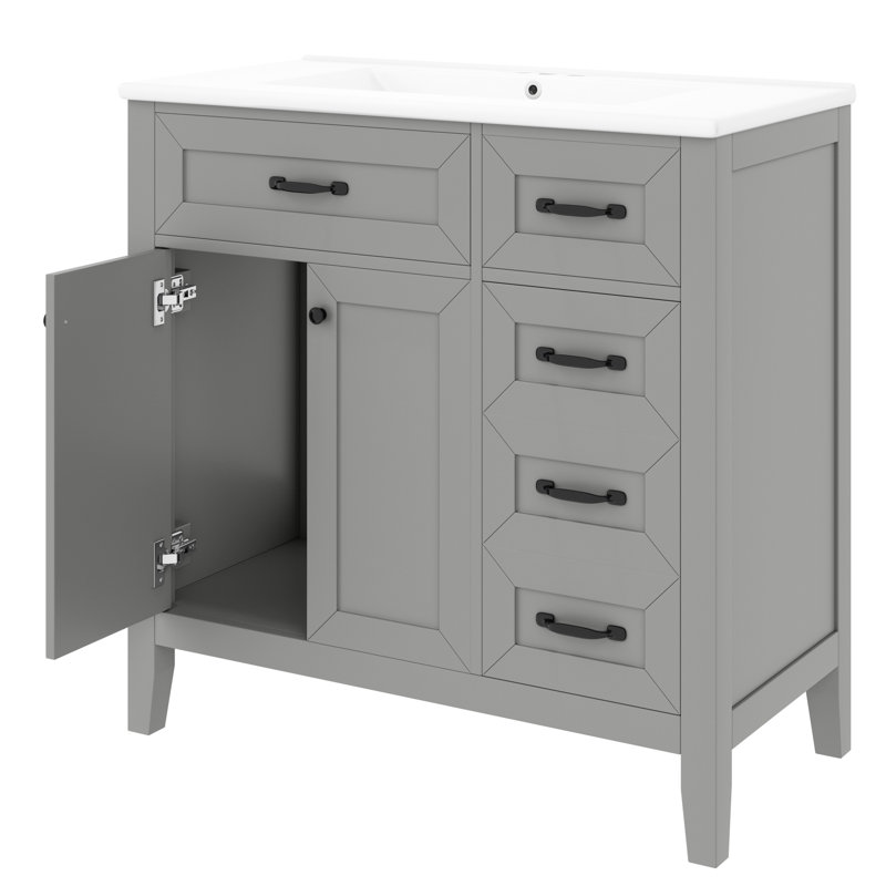 Meuble-lavabo de 36 po avec lavabo en céramique, armoire grise, structure en bois massif, fabrication et grands tiroirs pour les pièces de rangement,
