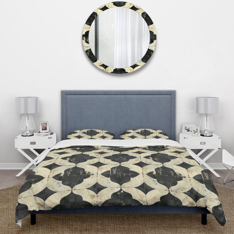 Ensemble de housse de couette beige à motif quadrilobe - Mid-Century, Housse de couette très grand + 2 taies décorativ
