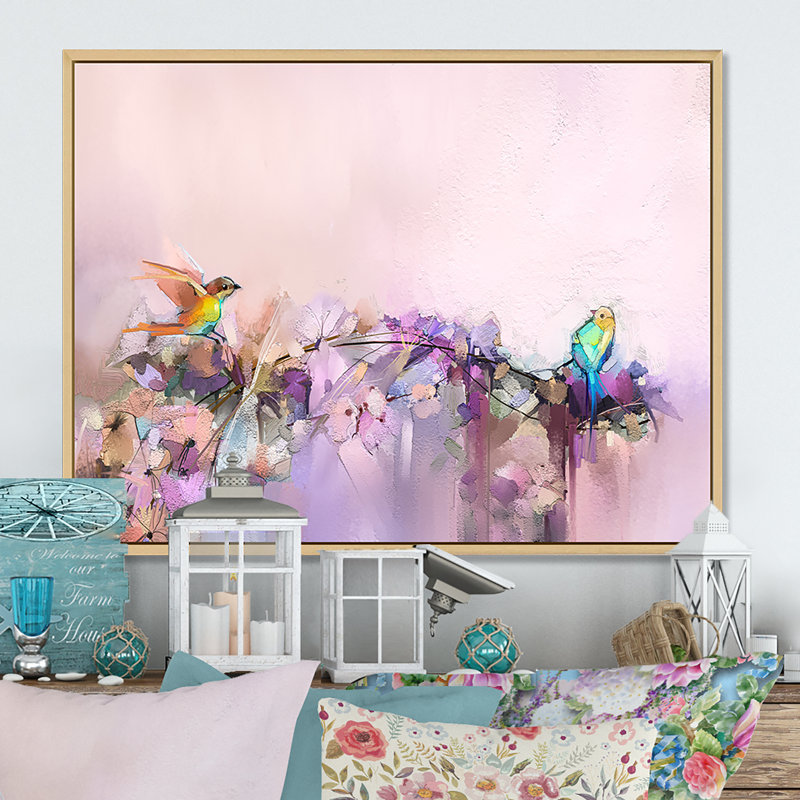 Pinceau, oiseaux mauves et beiges - reproduction encadrée sur toile, H 8 po x l 12 po x P 1 po, Cadre flottant brun