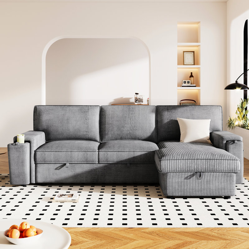 Canapé d'angle convertible pratique avec rangements et porte-gobelets - Gris - Canapé Home - 3 espaces de rangement polyvalents